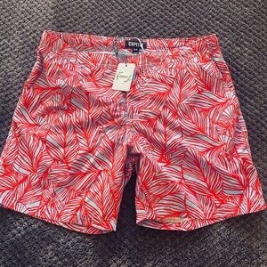 Capella Red Leaf Print Men's Swim Board Shorts